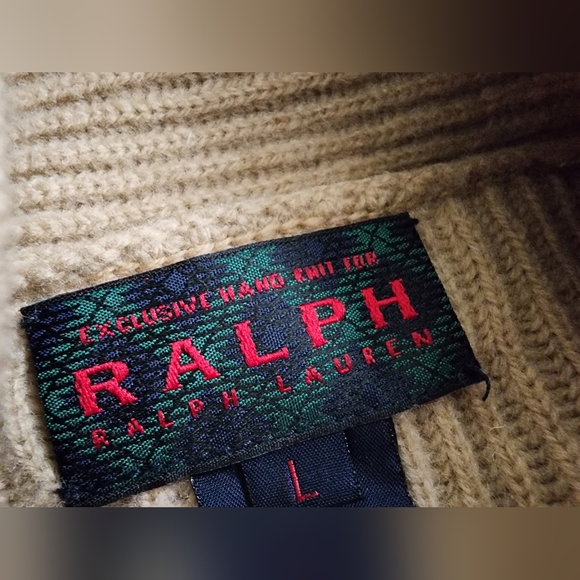 RARE Women's RALPH LAUREN Hand Knit Patchwork Crochet Lambs Wool Cardigan L Belt - Picture 5 of 9